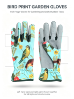 Sarung Tangan Berkebun Motif Bunga Burung untuk Wanita, Pelindung Duri di Telapak Tangan dari Suede Abu-abu, Sarung Tangan Kerja Bernapas untuk Menanam dan Memangkas di Kebun