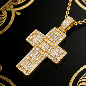 CUSTOM SILVER 10K/14K/18K GOLD PLATED LAB GROWN CVD DIAMOND CLASSIC ENGAGEMENT GIFT SWEATER <b>CHAIN</b> NECKLACE <b>CROSS</b> PENDANT VS - Product Image 5