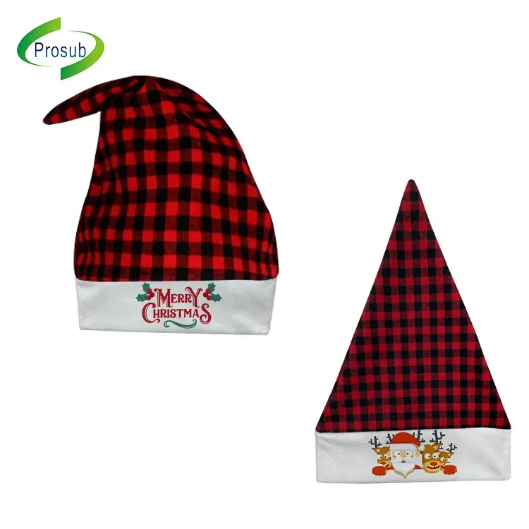 Prosub Topi Polos Sublimasi Natal, Topi Santa Sublimasi Kotak-kotak Kerbau Mewah Pendek Dekorasi Pesta Festival Natal