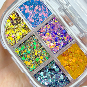 Palette de fards à paupières 6 compartiments en gel pour le visage, effet chrome Aurora, paillettes biodégradables, scintillantes, imperméables et longue tenue, vente en gros - Product Image 3