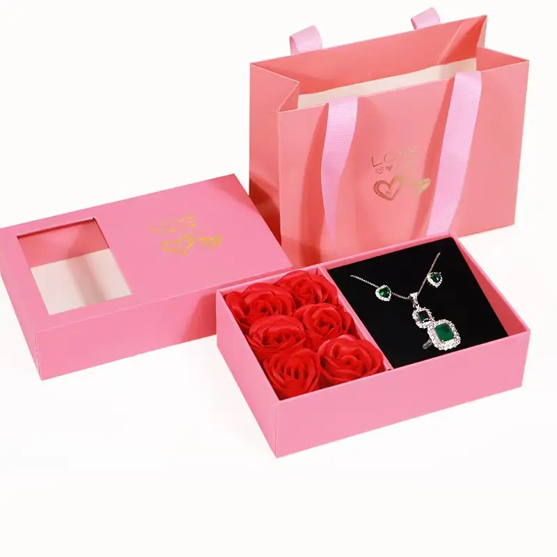 गर्म गुलाब के आभूषण बॉक्स, शाश्वत फूलों के साथ स्वर्ग और पृथ्वी कवर उपहार बॉक्स