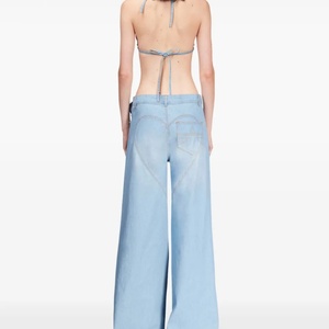 Pantalones Vaqueros Acampanados de Moda, Color Azul Claro Vintage, con Rosa 3D, Cintura Alta, Pedrería y Pierna Ancha, Venta al Por Mayor Directa de Fábrica - Product Image 3