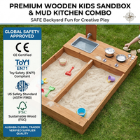 Bac à sable extérieur en bois écologique certifié FSC avec cuisine de jeu intégrée, grand bac à sable pour enfants avec robinet d'eau réel et protection UPF 50+