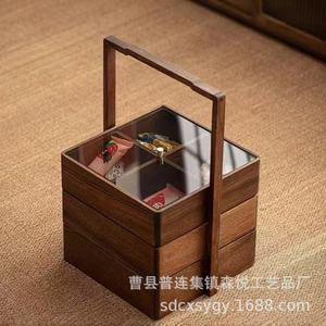 Caja de madera estilo chino para pastel de luna, de tres niveles, con asa, cuadrada, de nogal, hecha a mano, para regalo del Festival de Medio Otoño - Product Image 1