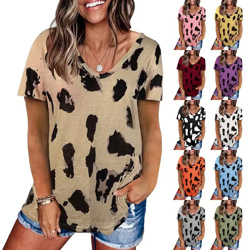 Atacado Western Moda Feminina Roupas Leopardo Estilo Namorado Manga Curta T Shirt Mulheres Tops