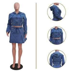 <span class=keywords><strong>Soldes</strong></span> Chaudes Été Automne Ensemble Jupe Deux Pièces <span class=keywords><strong>Femme</strong></span>: Veste Courte à Capuche Manches Longues et Mini Robe Plissée - Product Image 6