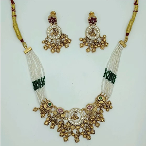 Traditional Silver Green White <b>Beaded</b> Choker Necklace <b>Set</b> Kundan Work and Hanging Drops Matching Earrings Ethnic Jewelry - Product Image 2