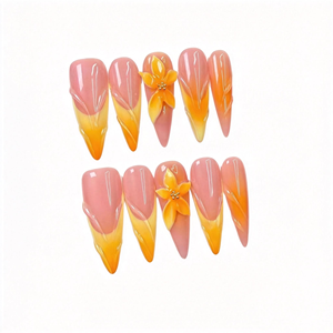 <span class=keywords><strong>Uñas</strong></span> Postizas Largas Stiletto Hechas a Mano, Degradado Naranja Atardecer, Flor Ámbar Translúcida 3D, <span class=keywords><strong>Uñas</strong></span> de Gelatina Elegantes de Verano al por Mayor - Product Image 1