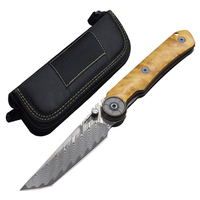 Couteau de chasse pliable EDC à roulement mécanique élégant, lame en acier Damas, forgé à la main, couteau de poche, étui en bois et cuir