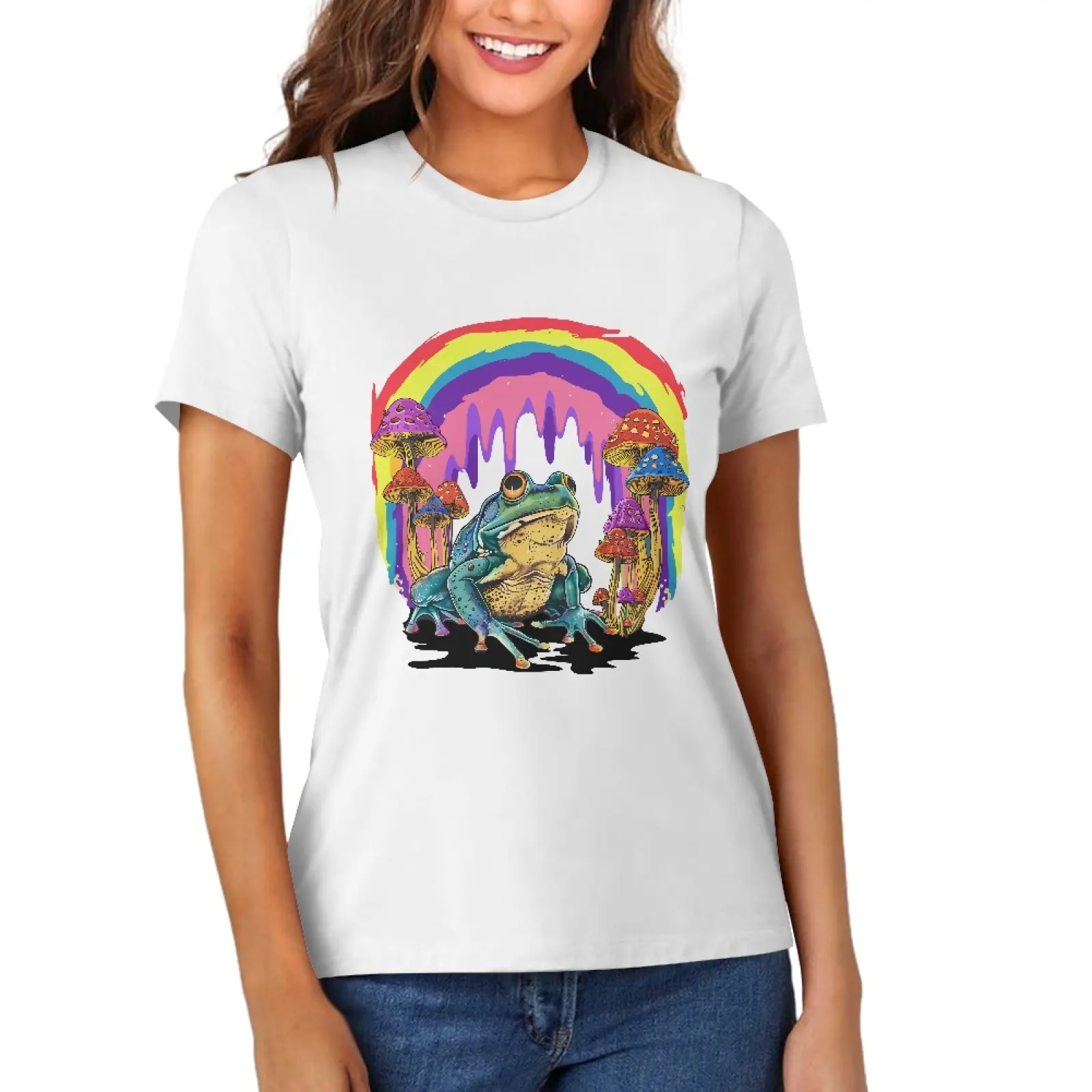 Custom Colorful Frog Crew Neck Pure Cotton Women's Men's T Shirts Drop Shipping Rainbow Mushroom 2D Print White T-shirts T Shirt