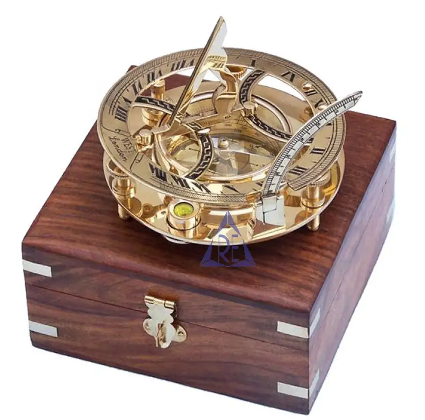 Sundial Compass with Wooden Box Solid Brass Navigation Compass Nautical Vintage Collectible Gift Compass Birthday Gift