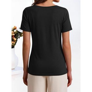 T-shirt à col bateau pour femme FOXA, manches courtes, 100% coton, jersey respirant, haut décontracté pour l'été et le printemps - Product Image 3