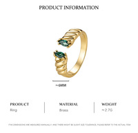 Bague en laiton plaqué or 14 carats avec pierre verte, bague ouverte torsadée, bague large et audacieuse à deux pierres pour femme, vente en gros