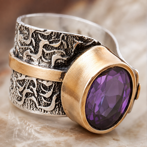 Anello Bicolore con Cristallo Viola Stile Vintage Regolabile per Donne - Product Image 4