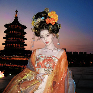 Diseño original, hecho a mano, estilo antiguo, pasador de pelo suave con flor de terciopelo sintético naranja degradado, accesorio de maquillaje, Hanfu - Product Image 1