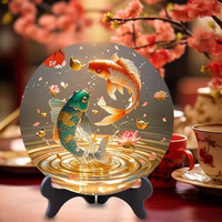 Dekorasi Meja Bundar Ikan Koi Emas Teratai Lukisan Kristal Ornamen Feng Shui Kekayaan Keberuntungan Dekorasi Rumah untuk Ruang Tamu Hadiah