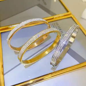 Damen Modeschmuck Full Diamond Luxus Armband Kristall Strass Roségold Armband Einfache Edelstahl Armreifen