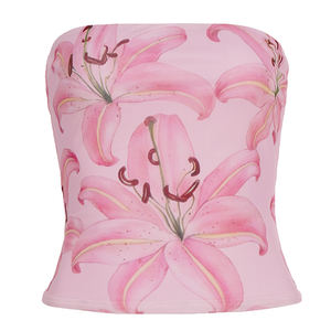 Wholesale Women Summer Romantic Floral Print <b>Pink</b> Tube Top Backless <b>Sexy</b> Crop Top Vacation Style Strapless Camisole - Product Image 6