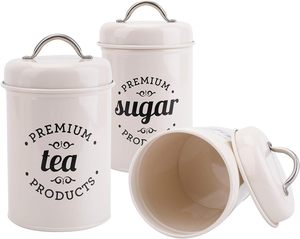 Contenedor hermético para té y café con azúcar, Juego de 3 recipientes de Metal de granja con tapas, lata de almacenamiento de alimentos blanca rústica - Product Image 1