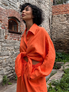 Conjunto <span class=keywords><strong>de</strong></span> Camisa y Pantalones Anchos <span class=keywords><strong>de</strong></span> Lino y Algodón para <span class=keywords><strong>Mujer</strong></span>, Otoño 2026, Corte Holgado, con Cinturón, Dos Piezas, Fabricante OEM - Product Image 3