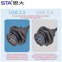 Conector USB 3.0 Hembra de Montaje Trasero para PCB, Impermeable IP67, E16 1''20, Rosca Bayoneta UNEF, con Cable 24AWG