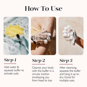 Logo personnalisé noix de coco fleur de <span class=keywords><strong>verveine</strong></span> gommage doux pour le corps bain douche luffa pour les femmes outil exfoliant avec nettoyant pour le corps éponge infusée - Product Image 5