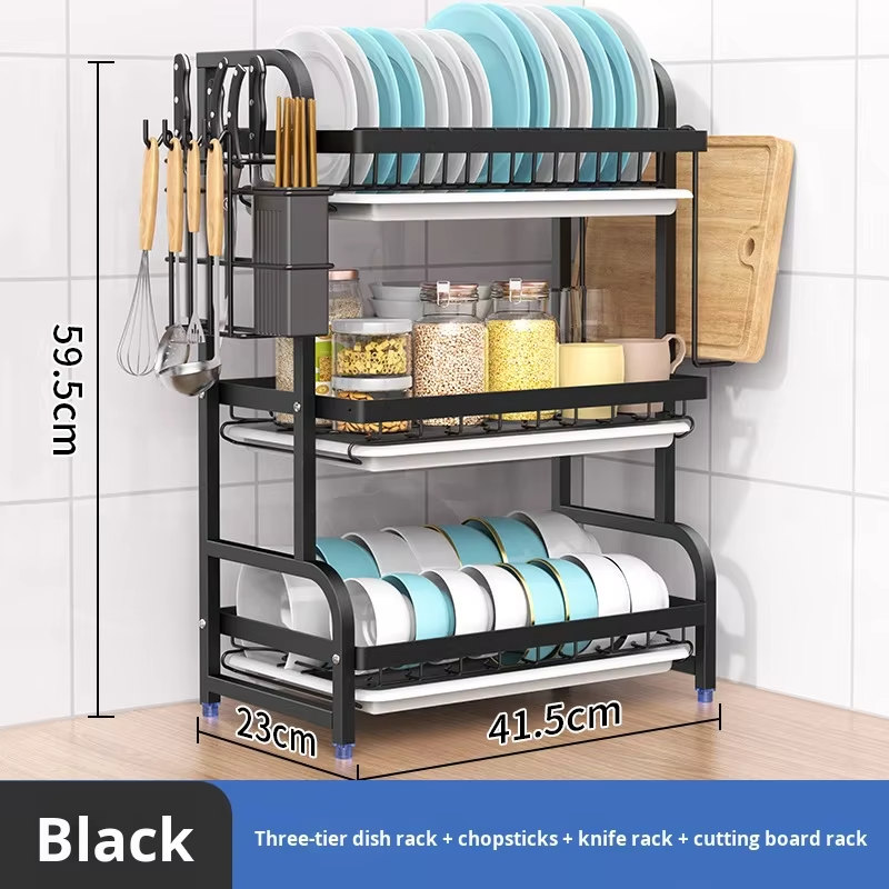 Black 3-layer with chopstick holder and cutting board rack