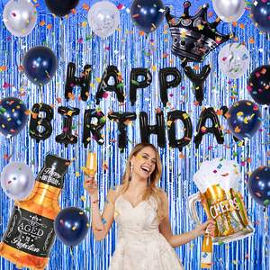 Decoraciones para fiesta de <span class=keywords><strong>feliz</strong></span> <span class=keywords><strong>cumpleaños</strong></span> en negro y azul con cortinas con flecos de aluminio para hombres y mujeres para ocasiones de graduación de Halloween - Product Image 3