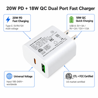 HECHOBO PD 20W USB-C+USB-A Pengisi Daya Dinding Port Ganda, Bersertifikasi ETL FCC CE UKCA CCC, Pilihan Colokan Tetap US/EU/UK/CN, Pengisian Cepat
