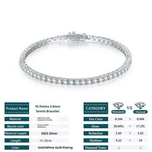 Pulsera de tenis de moissanita VVS1 GRA de corte redondo de 3 mm, superventas, de plata de ley 925 chapada en oro, joyería clásica unisex - Product Image 2