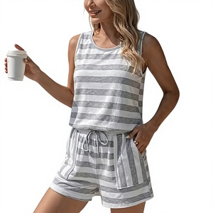 Women Striped Sleeveless Halter Neck Top Shorts Set Casual Breathable Regular Fit Above Knee Spring Summer Wear White Trim - Product Image 1
