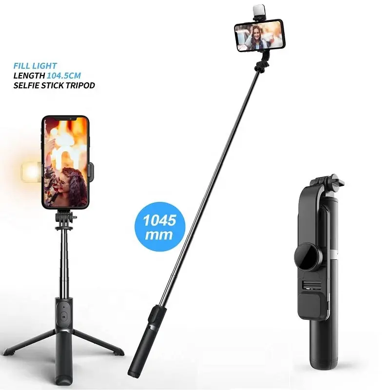 Bastão de selfie sem fio dobrável, mini tripé com luz de preenchimento, controle remoto