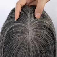 Topper de cheveux fait main de haute qualité, sel et poivre, cheveux brésiliens Remy, topper en dentelle mono, perruque, cheveux gris pour personnes âgées