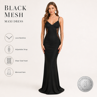 Robe longue sirène chic noire en polyester pour femme, col en V, bretelles spaghetti, bordure en dentelle, grande taille, pour soirée, vente en gros