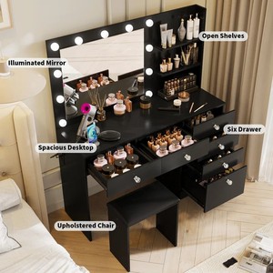 Conceptions modernes Bureau de courtoisie noir Maquillage Salon de beauté Filles <span class=keywords><strong>Commode</strong></span> en MDF <span class=keywords><strong>Grande</strong></span> coiffeuse en bois avec miroir lumineux et étagère - Product Image 1