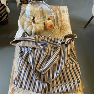 Sac fourre-tout décontracté en toile de coton à rayures bleues 22 pouces sac à main à bandoulière simple pour les femmes sac à bandoulière de voyage à la mode - Product Image 3