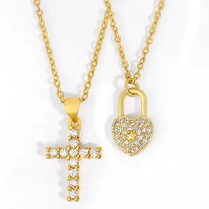 Wholesale Women Fashion Necklace Jewelry Plated 18k Gold Zircon Cross Heart Love Lock Pendant Necklace