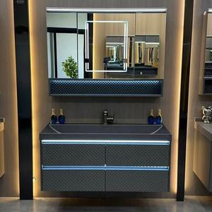 Meuble-lavabo mural de luxe blanc texturé avec <span class=keywords><strong>miroir</strong></span> LED éclairé et armoire de rangement pour hôtel et complexe hôtelier - Product Image 6