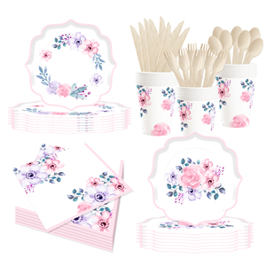 DAMAI Pink Flower Theme Party Disposable <b>Paper</b> Plate Napkin <b>Tablecloth</b> Disposable Party Tableware Sets for Party and Wedding - Product Image 2
