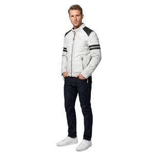 Chaqueta de Cuero Genuino Blanca para Hombre con Parches Negros en Contraste, Estilo Biker, Motociclista, Cafe Racer, de Piel de Vacuno, con Hombros Acolchados, Personalizada, para Invierno - Product Image 1