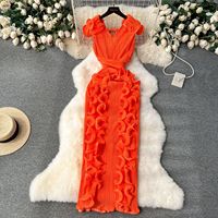 Robe Midi Plissée Élégante pour Femme Empire 3D Robe Longue en Dentelle à Volants
