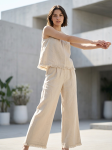 Completo due pezzi <span class=keywords><strong>beige</strong></span> effetto <span class=keywords><strong>lino</strong></span> da <span class=keywords><strong>donna</strong></span>, top senza maniche e <span class=keywords><strong>pantaloni</strong></span> a gamba larga con orlo sfrangiato, set casual estivo coordinato - Product Image 5
