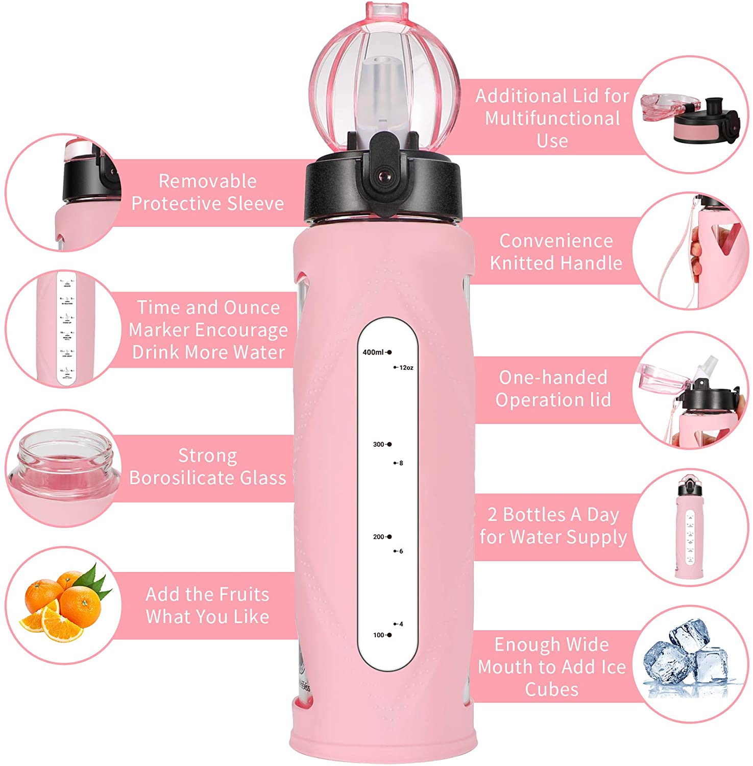 17oz Glass Water Bottle 2 Lids One Click Open and Motivational Water Bottles with Time Marker Reminder