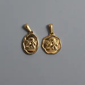 Fashion 18K Gold Stainless Steel Women Guardian Angel Jewelry Cherub Oval Pendant Medal Charm Cupid Angel Pendant