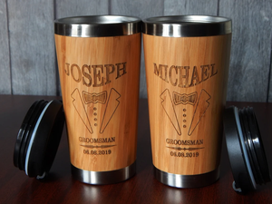 Gobelet de voyage en bambou 16oz, tasse à café isotherme en acier inoxydable, personnalisable avec nom et logo, tasse en bambou pour garçons d'honneur - Product Image 4