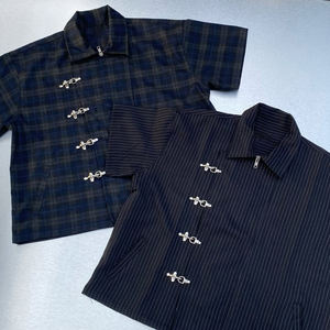 Chemise à manches courtes à rabat vintage personnalisée, motif à carreaux et à rayures, boucles en métal, chemise décontractée pour pompiers, streetwear - Product Image 5