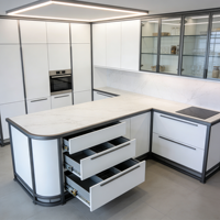 Meubles de cuisine de style ferme moderne avec îlot gris foncé et finitions dorées