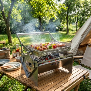 360 °   <span class=keywords><strong>Barbecue</strong></span> rotatif d'extérieur en métal, gril pliant en acier inoxydable pour camping, pique-niques, fêtes sur la plage et usage domestique - Product Image 2