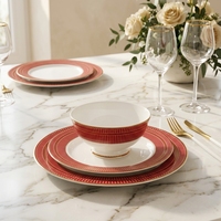 Service de table en porcelaine fine de Tangshan, assiettes et bols ronds imprimés rouges, coffret cadeau personnalisable pour mariage et nouvellement-marrieds