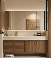 Kabinet Kamar Mandi Kayu Veneer Walnut Modern Berkualitas Tinggi MDF, Kabinet Kamar Mandi Gantung Dinding, Populer untuk Hotel